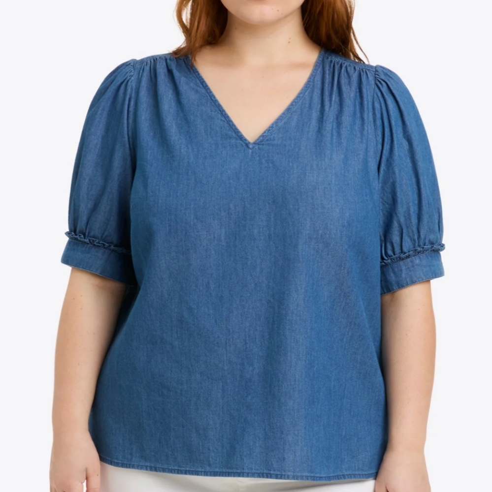 Draper James Blue Chambray Heidi V-Neck Blouse XXL
